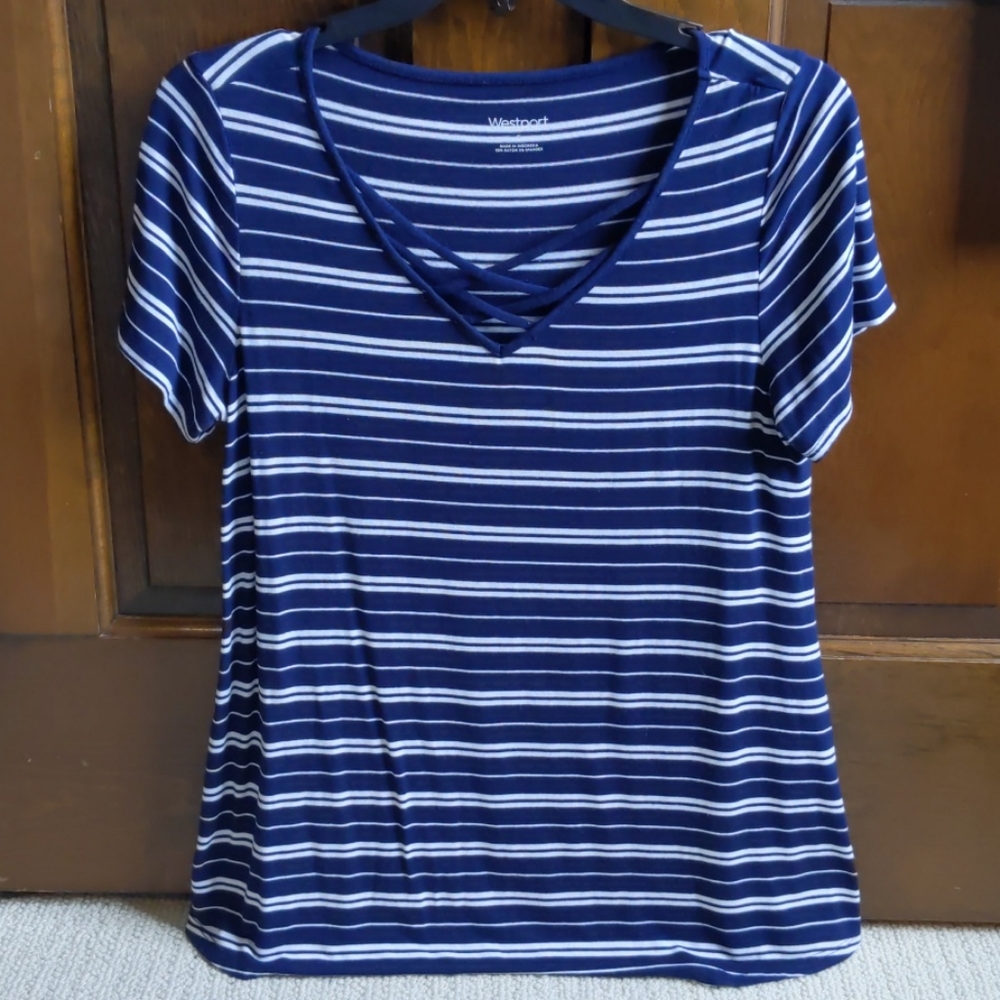 Westport blue/white stripe v-neck tee